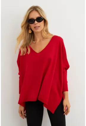 Kadın Kırmızı V Yaka Salaş Bluz YV304