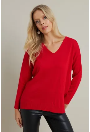 Kadın Kırmızı V Yaka Triko Kazak YİL549