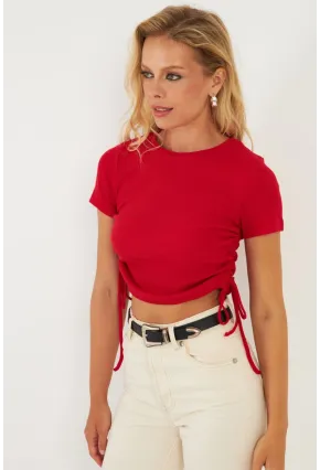 Kadın Kırmızı Yanları Büzgülü Kaşkorse Bluz AYD355