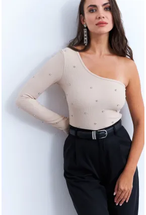 Kadın Krem Taşlı Tek Kol Crop Bluz HOL2