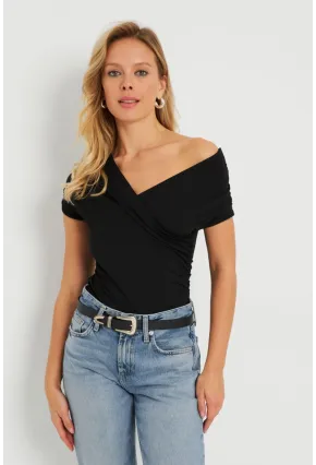 Kadın Kruvaze Büzgülü Bluz Siyah EY2725