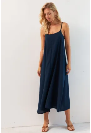 Kadın Lacivert Ayarlanabilir Askılı Midi Keten Elbise DMR355