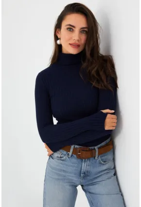Kadın Lacivert Balıkçı Yaka Triko Bluz YV102-90