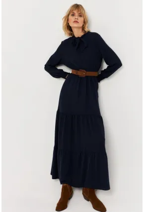 Kadın Lacivert Boyun Bağlamalı Maxi Elbise MASF217