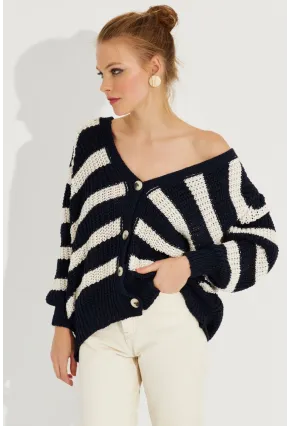 Kadın Lacivert Çizgili Salaş Hırka MİW8061