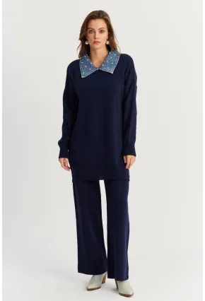 Kadın Lacivert Denim Yakalı İncili Alt Üst Triko Takım MNUV22