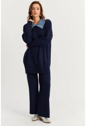Kadın Lacivert Denim Yakalı İncili Alt Üst Triko Takım MNUV22