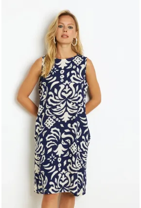 Kadın Lacivert Desenli Cepli Midi Elbise YZ1059