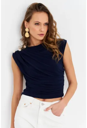 Kadın Lacivert Düğme Detaylı Büzgülü Bluz LPP1205-1