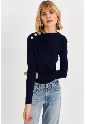 Kadın Lacivert Düğme Detaylı Büzgülü Bluz LPP1223-1