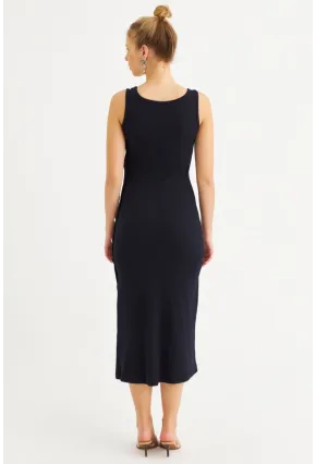 Kadın Lacivert Düğme Detaylı Kaşkorse Midi Elbise EY2837
