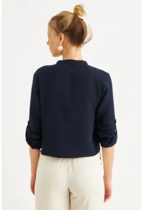 Kadın Lacivert Düğmeli Keten Gömlek Bluz BTH17