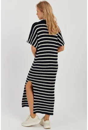 Kadın Lacivert-Ekru Ajurlu Triko Midi Elbise YZ622