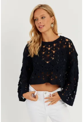 Kadın Lacivert İspanyol Kol Ajurlu Triko Bluz MİW0761