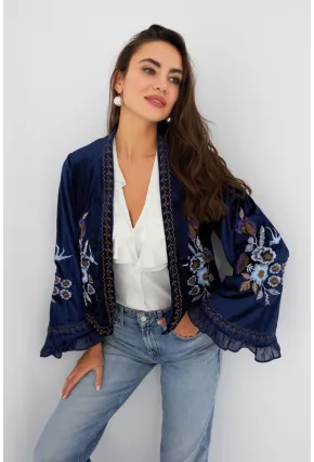 Kadın Lacivert İspanyol Kol Nakışlı Kadife Ceket QS5577