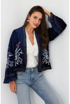 Kadın Lacivert İspanyol Kol Nakışlı Kadife Ceket QS5577