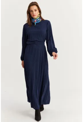 Kadın Lacivert Kemerli Plili Maxi Elbise ALZ500