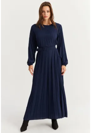 Kadın Lacivert Kemerli Plili Maxi Elbise ALZ500