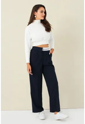 Kadın Lacivert Kontrast Bel Kumaşlı Pantolon ELA6078