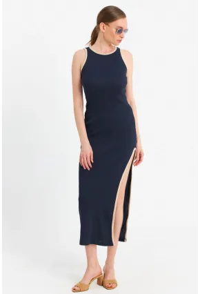 Kadın Lacivert Kontrast Biyeli Yırtmaçlı Maxi Elbise OR2087