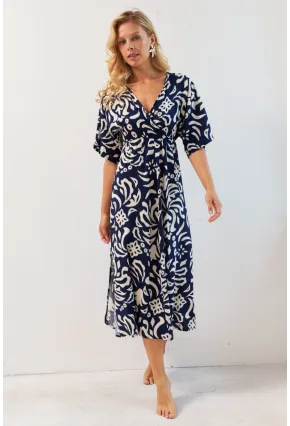 Kadın Lacivert Kruvaze Desenli Midi Elbise YZ1152