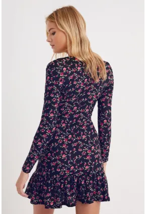 Kadın Lacivert Kruvaze Volanlı Mevsimlik Skater Elbise EY1027