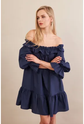 Kadın Lacivert Madonna Yaka Midi Elbise PSG1012