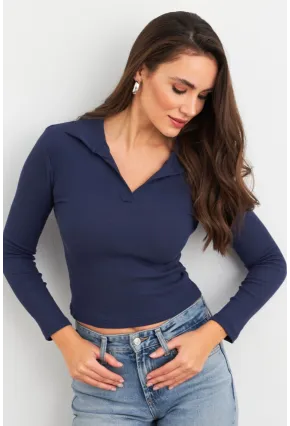 Kadın Lacivert Polo Yaka Kaşkorse Bluz LON3006