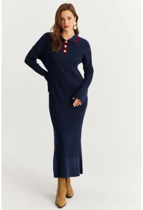 Kadın Lacivert Polo Yaka Triko Maxi Elbise MNUV17