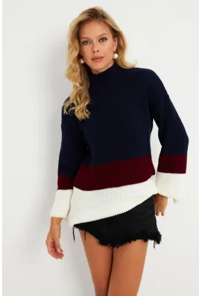 Kadın Lacivert Renk Bloklu Kazak YV277