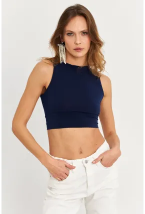 Kadın Lacivert Sırt Bağlamalı Crop Bluz EY2733