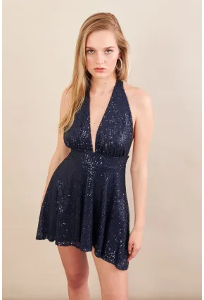 Kadın Lacivert Sırtı Açık Payetli Astarlı Mini Elbise DCF046