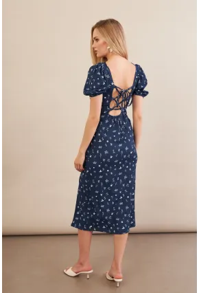 Kadın Lacivert Sırtı Detaylı Çiçekli Midi Elbise CHN103