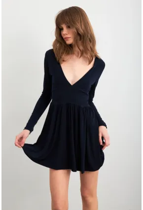 Kadın Lacivert V Yaka Mini Elbise LİK17
