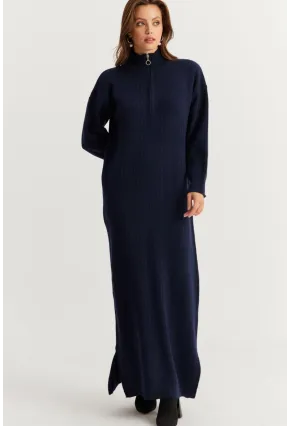 Kadın Lacivert Yakası Fermuarlı Triko Maxi Elbise MNUV10