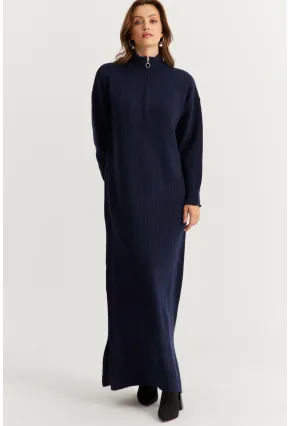 Kadın Lacivert Yakası Fermuarlı Triko Maxi Elbise MNUV10