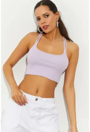 Kadın Lila Sırtı Halkalı Kaşkorse Crop Bluz B2552