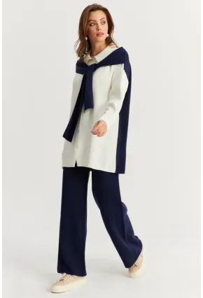 Kadın Mavi Atkılı Triko Hırka Alt Üst Takım NUV20