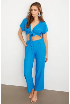 Kadın Mavi Bağlamalı Bürümcük Takım Q1012