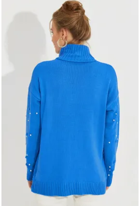 Kadın Mavi Balıkçı Yaka İncili Triko Kazak MSS129