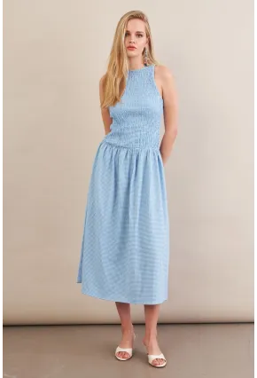 Kadın Mavi Beli Lastikli Gipeli Midi Elbise ZH130