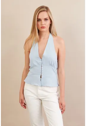 Kadın Mavi Boyun Bağlamalı Keten Yelek FS129