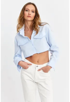 Kadın Mavi Cep Detaylı Crop Gömlek KED4205