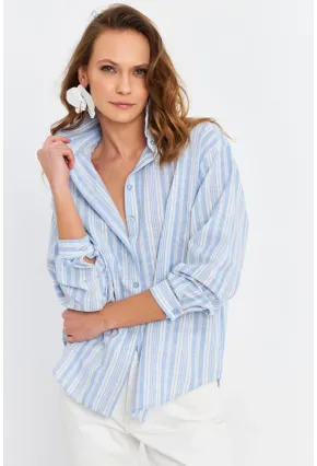 Kadın Mavi Çizgili Keten Gömlek ROP102