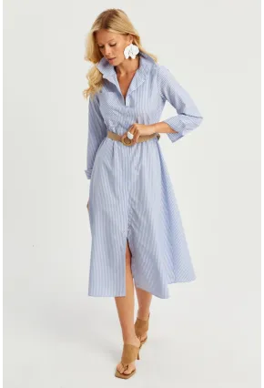 Kadın Mavi Çizgili Midi Gömlek Elbise PP5515