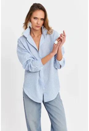 Kadın Mavi Çizgili Oversize Gömlek ZER420
