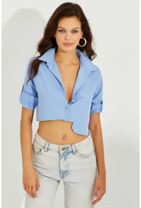 Kadın Mavi Crop Cepli Gömlek TD153