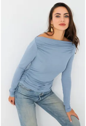 Kadın Mavi Degaje Yaka Büzgülü Bluz AYD386