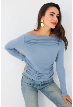 Kadın Mavi Degaje Yaka Büzgülü Bluz AYD386