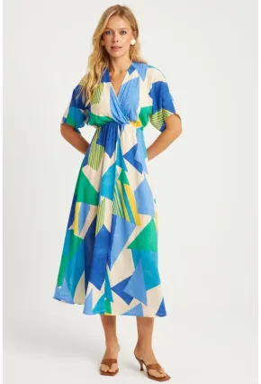 Kadın Mavi Desenli Kruvaze Midi Elbise HT108
